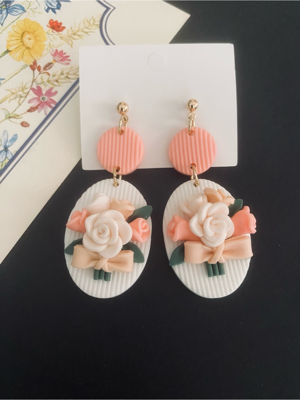 Pretty Rose Bouquet Polymer Clay Dangle Earrings